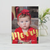 Gold Merry Script Kerstvakantie Foto Kaart (Staand voorkant)