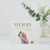 Gold Merry Script Serif Christmas Photo Briefkaart (Staand voorkant)