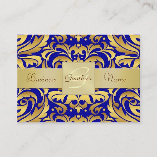 Gold Metal Blue Damask Pattern Visitekaartje (Voorkant)