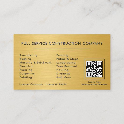 Gold Metal Building Construction QR Code Navy Blue Visitekaartje (Achterkant)