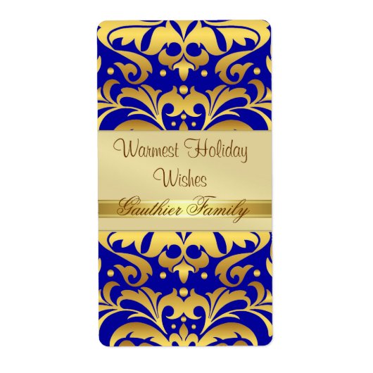 Gold Metal Damask Blue Holiday Wine Label (Voorkant)