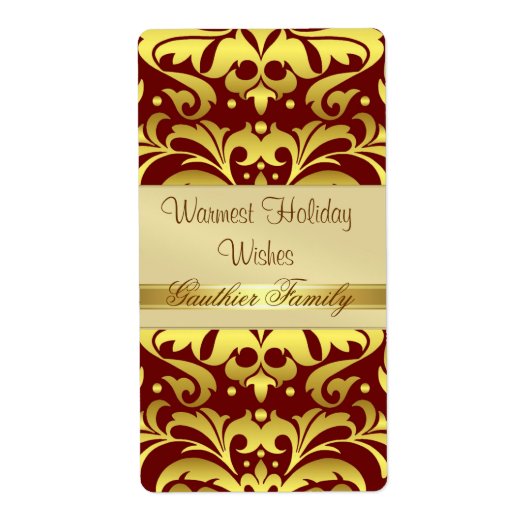 Gold Metal Damask Red Holiday Wine Label (Voorkant)