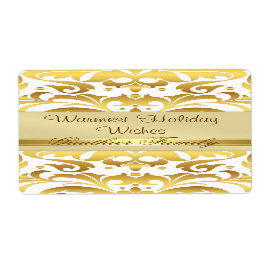 Gold Metal Damask White Holiday Wine Label