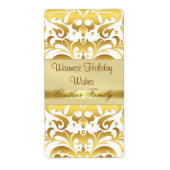 Gold Metal Damask White Holiday Wine Label (Voorkant)