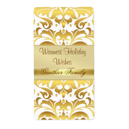 Gold Metal Damask White Holiday Wine Label (Voorkant)
