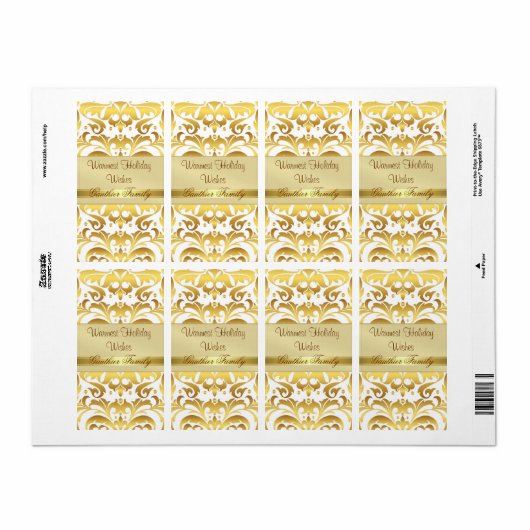 Gold Metal Damask White Holiday Wine Label (Full Sheet)
