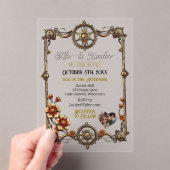 Gold Metal Steampunk Bloemen en Fotobruiloft Acryl Uitnodigingen (Insitu (Draagbaar))