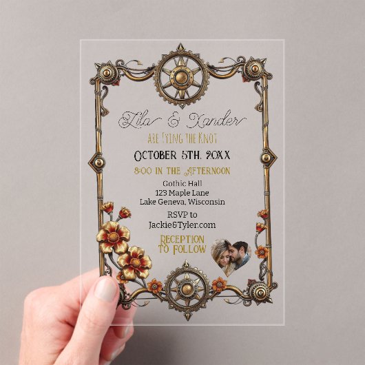 Gold Metal Steampunk Bloemen en Fotobruiloft Acryl Uitnodigingen (Insitu (Draagbaar))