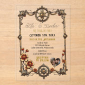 Gold Metal Steampunk Bloemen en Fotobruiloft Acryl Uitnodigingen (Voorkant)