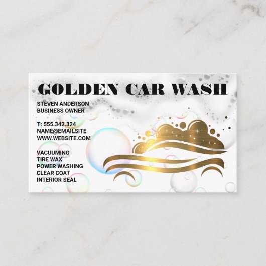 Gold Metallic Car Wash Logo | Schuim met zeep-bubb Visitekaartje (Voorkant)