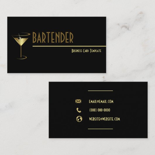 Gold Metallic Cocktail Logo Bartender Visitekaartje (Voorkant / Achterkant)
