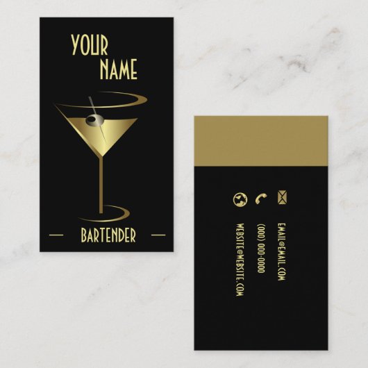 Gold Metallic Cocktail Martini Bartender Visitekaartje (Voorkant / Achterkant)