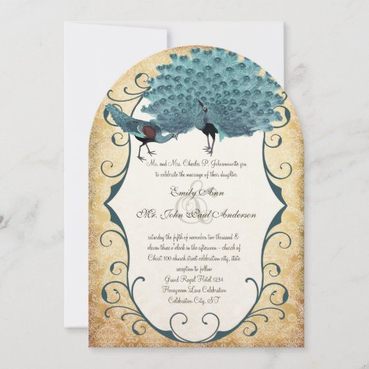 Gold Metallic-Damask Peacock Kaart (Voorkant)