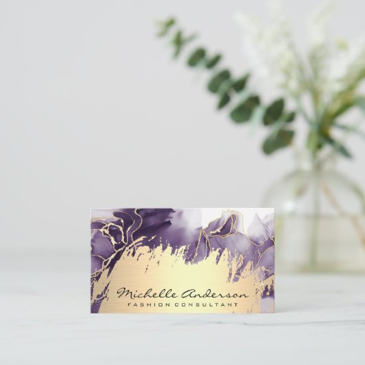 Gold Metallic geborsteld | Paarse marmer Visitekaartje (Staand voorkant)