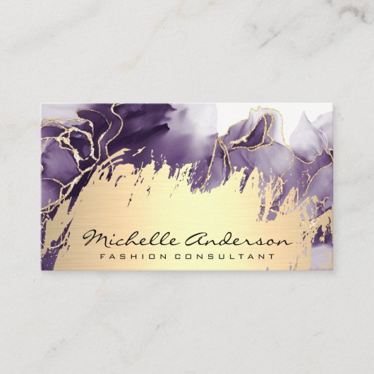 Gold Metallic geborsteld | Paarse marmer Visitekaartje (Voorkant)