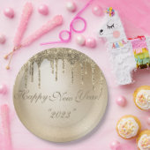 Gold Metallic Glitter Drip Elegant Happy Nieuwjaar Papieren Bordje (Feest)