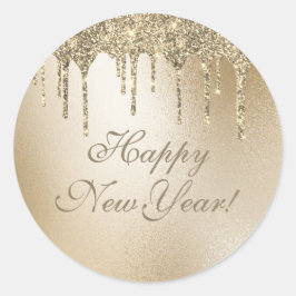 Gold Metallic Glitter Drip Elegant Happy Nieuwjaar Ronde Sticker