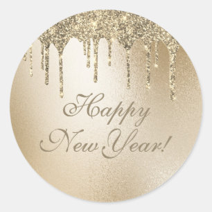 Gold Metallic Glitter Drip Elegant Happy Nieuwjaar Ronde Sticker