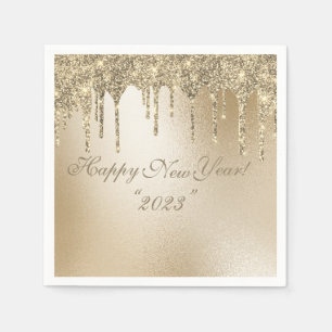 Gold Metallic Glitter Drip Elegant Happy Nieuwjaar Servet