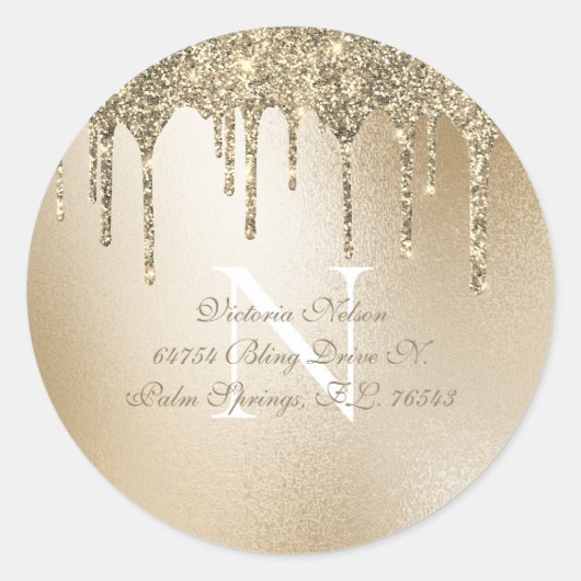 Gold Metallic Glitter Drip Elegant Monogram Ronde Sticker (Voorkant)