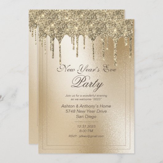 Gold Metallic Glitter Drip Elegant New Year Feestdagenkaart (Voorkant / Achterkant)