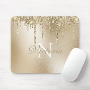 Gold Metallic Glitter Drip Monogram Elegant Muismat