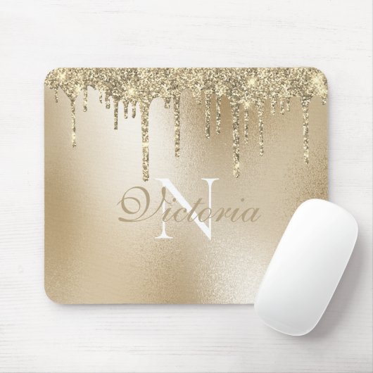 Gold Metallic Glitter Drip Monogram Elegant Muismat (Met muis)
