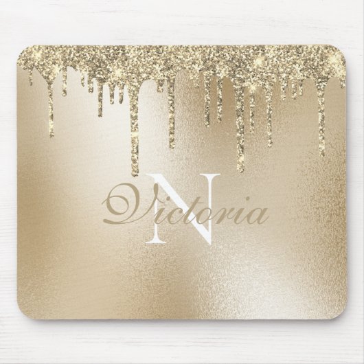 Gold Metallic Glitter Drip Monogram Elegant Muismat (Voorkant)
