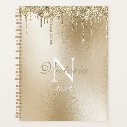 Gold Metallic Glitter Drip Monogram Elegant Planner (Voorkant)
