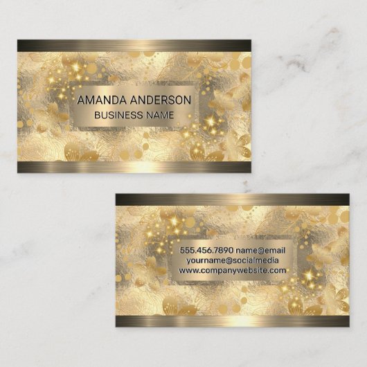Gold Metallic | Golden Leaves en Sparkle Visitekaartje (Voorkant / Achterkant)
