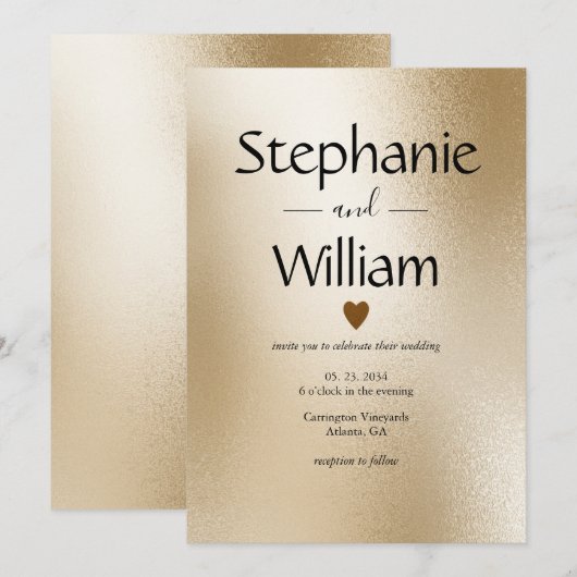 Gold Metallic Heart Modern Elegant Wedding Kaart (Voorkant / Achterkant)