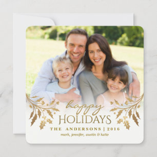 Gold Metallic Holly Berry Holiday Photo Flat Card Feestdagenkaart