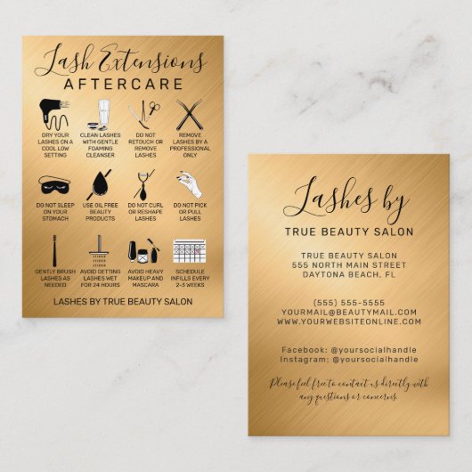 Gold Metallic Lash Extensions Aftercare Icon Visitekaartje (Voorkant / Achterkant)
