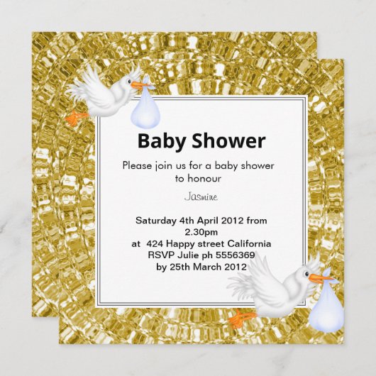 GOLD METALLIC LOOK Stork Baby shower Invitation Kaart (Voorkant / Achterkant)