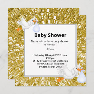 GOLD METALLIC LOOK Stork Baby shower Invitation Kaart