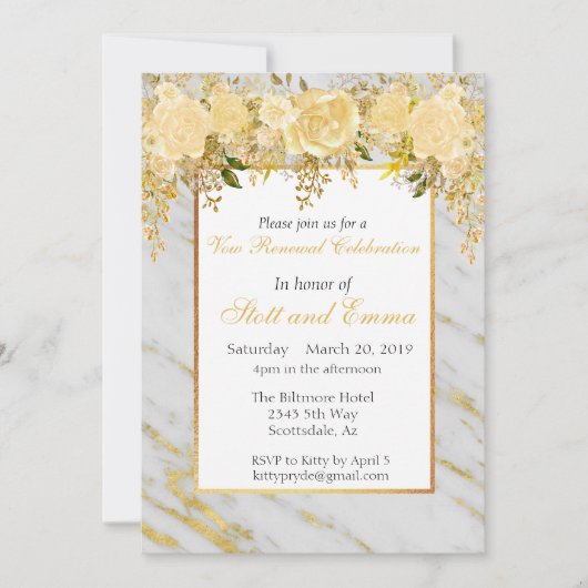 Gold Metallic marmer Flowers Vow Renewal Kaart (Voorkant)