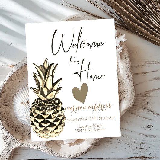 Gold Metallic Pineapple, Heart New Address Aankondigingskaart