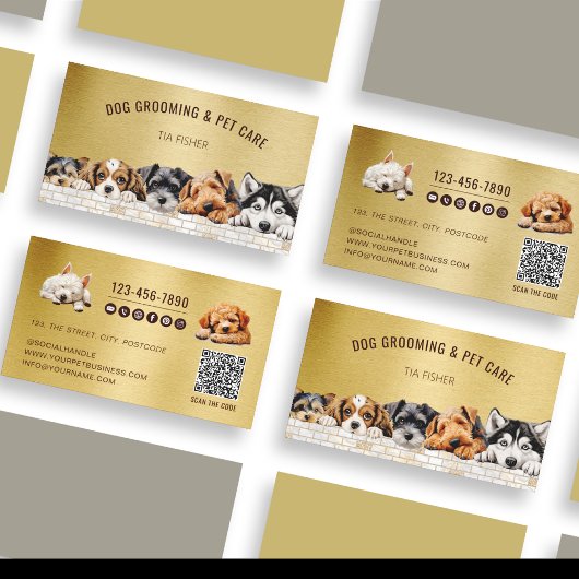 Gold Metallic QR Code Social Media Hond Grooming Visitekaartje