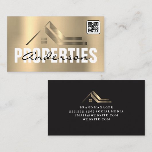 Gold Metallic Real Estate Logo | QR-code Visitekaartje (Voorkant / Achterkant)