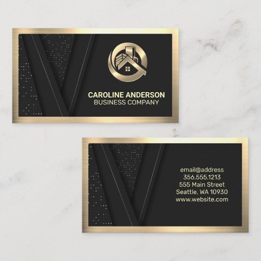 Gold Metallic Real Estate Logo | Zwart Lux-patroon Visitekaartje (Voorkant / Achterkant)
