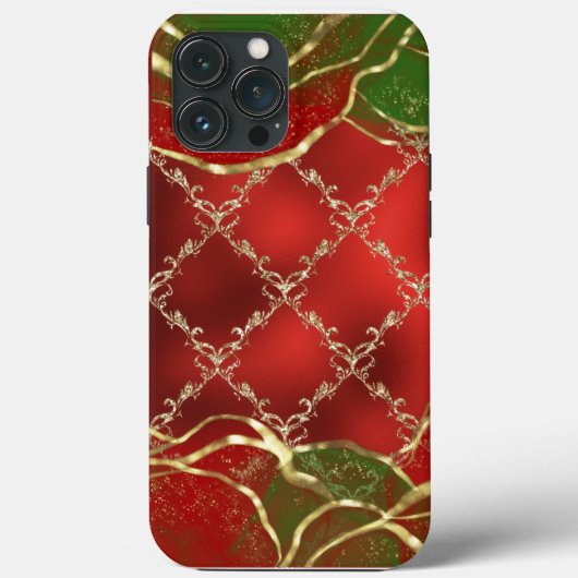 Gold Metallic Red Green Alcohol Ink Holiday Damask Case-Mate iPhone Case (Achterkant)