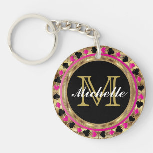 Gold Metallic Roze Poker Design Monogram Sleutelhanger