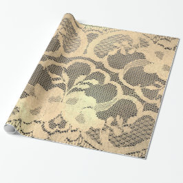 Gold Metallic Sepia Faux Luxury Floral Lace Black Cadeaupapier