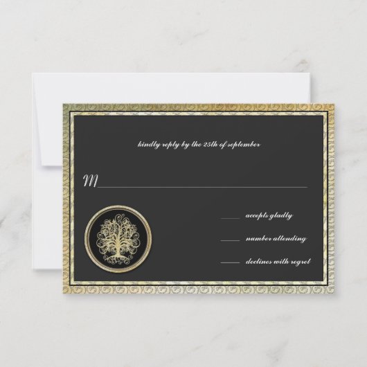 Gold Metallic Swirl Tree Gold Border Weddenschap R RSVP Kaartje (Voorkant)