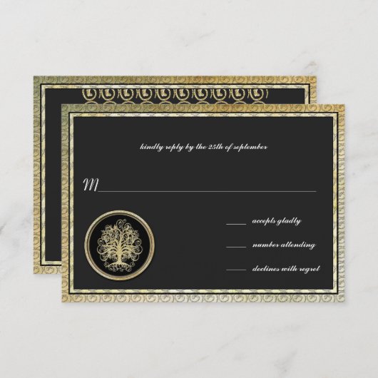 Gold Metallic Swirl Tree Gold Border Weddenschap R RSVP Kaartje (Voorkant / Achterkant)