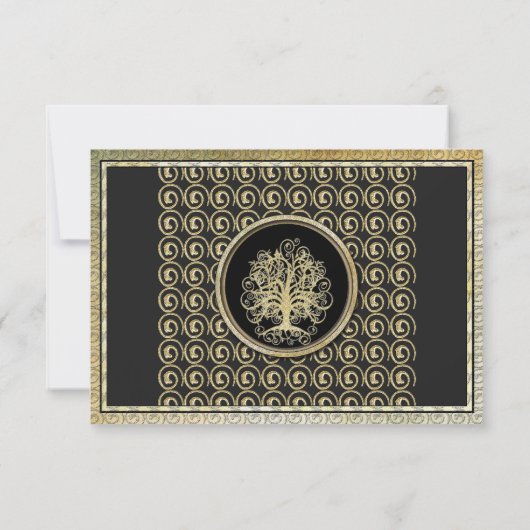 Gold Metallic Swirl Tree Gold Border Weddenschap R RSVP Kaartje (Achterkant)