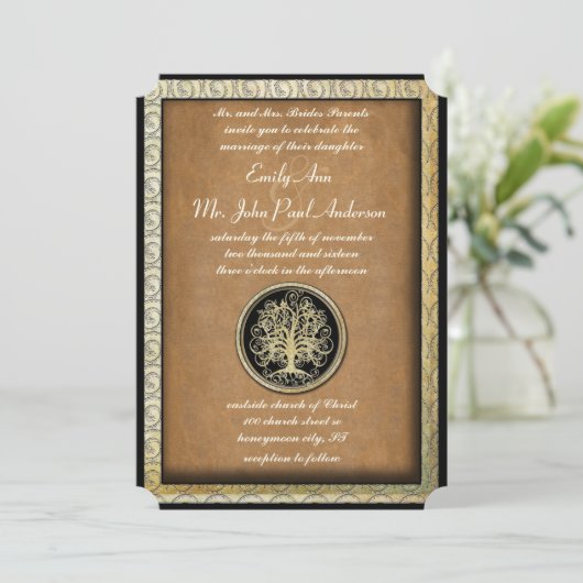 Gold Metallic Swirl Tree Gold Border Wedding Kaart (Staand voorkant)