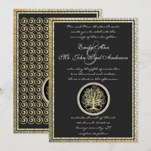 Gold Metallic Swirl Tree Gold Border Wedding Kaart (Voorkant / Achterkant)