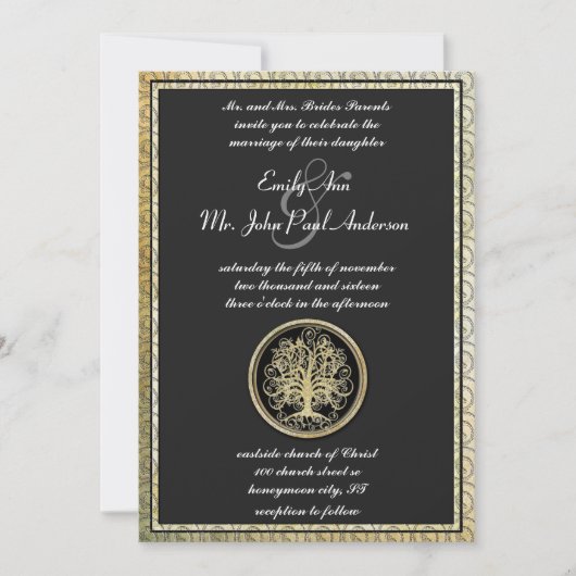 Gold Metallic Swirl Tree Gold Border Wedding Kaart (Voorkant)