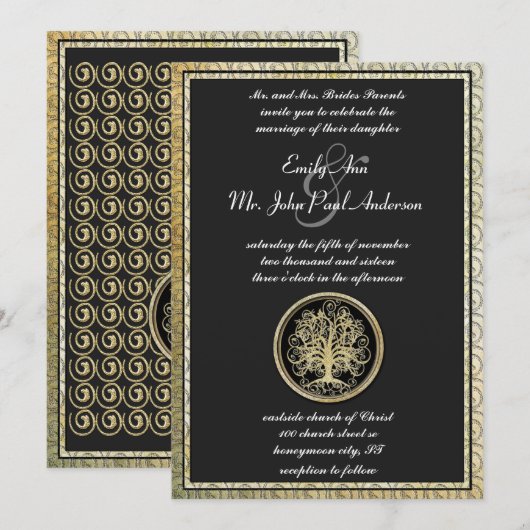 Gold Metallic Swirl Tree Gold Border Wedding Kaart (Voorkant / Achterkant)